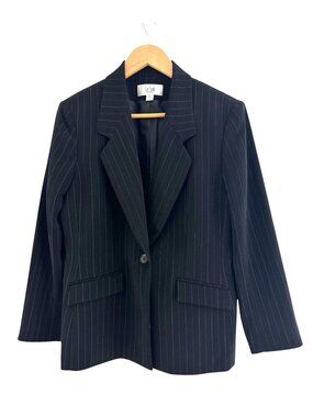 Le Suit‎ Petite Black Pinstriped Blazer Lined Pockets Size 12P Jacket Business